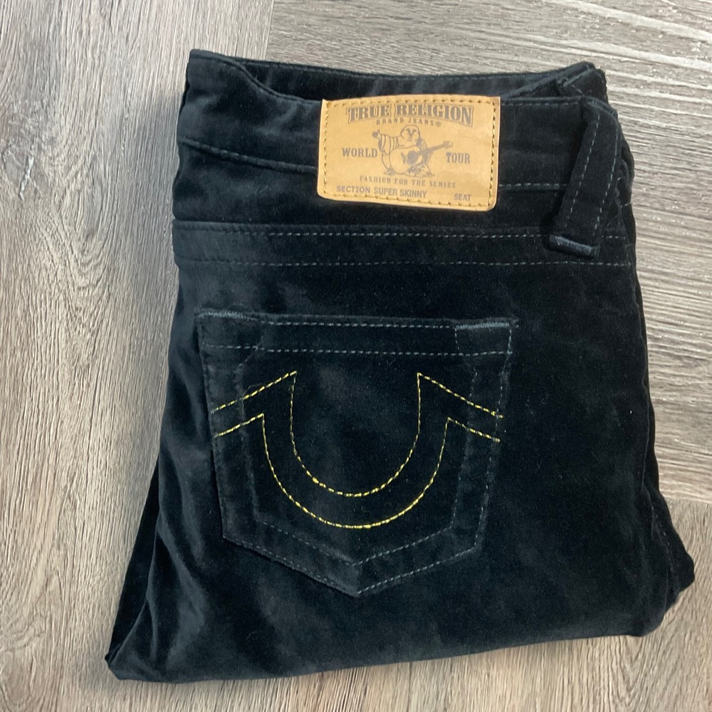 Y2K True Religion Velvet Super Skinny Jeans Womens 29 Black Gold Horseshoe Logo - Picture 5 of 11
